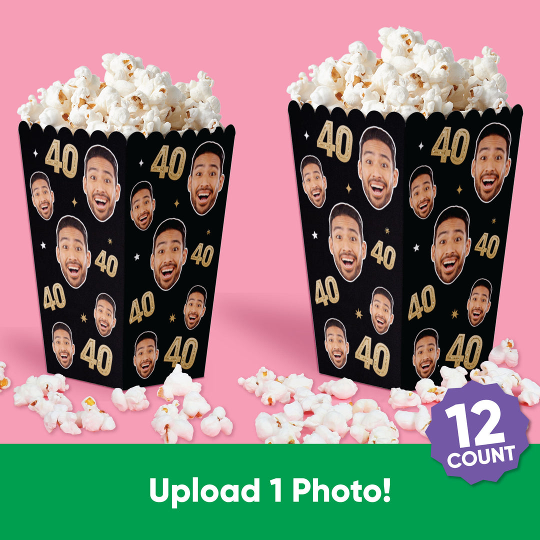 Personalized photo popcorn box with gold 40 pattern on black background