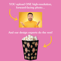 Promotional graphic for a personalized popcorn box with a face printed on it, against a pink background.