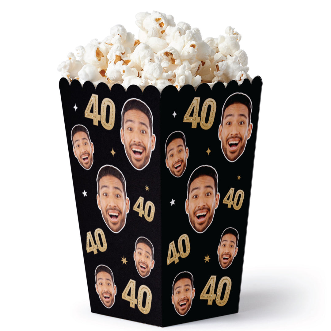 Custom face 40th birthday black and gold popcorn favor boxes set of 12