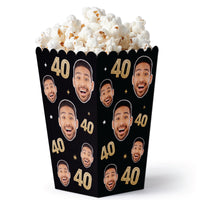 Custom face 40th birthday black and gold popcorn favor boxes set of 12