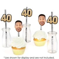 40th birthday celebration drinks styled with personalized face straws