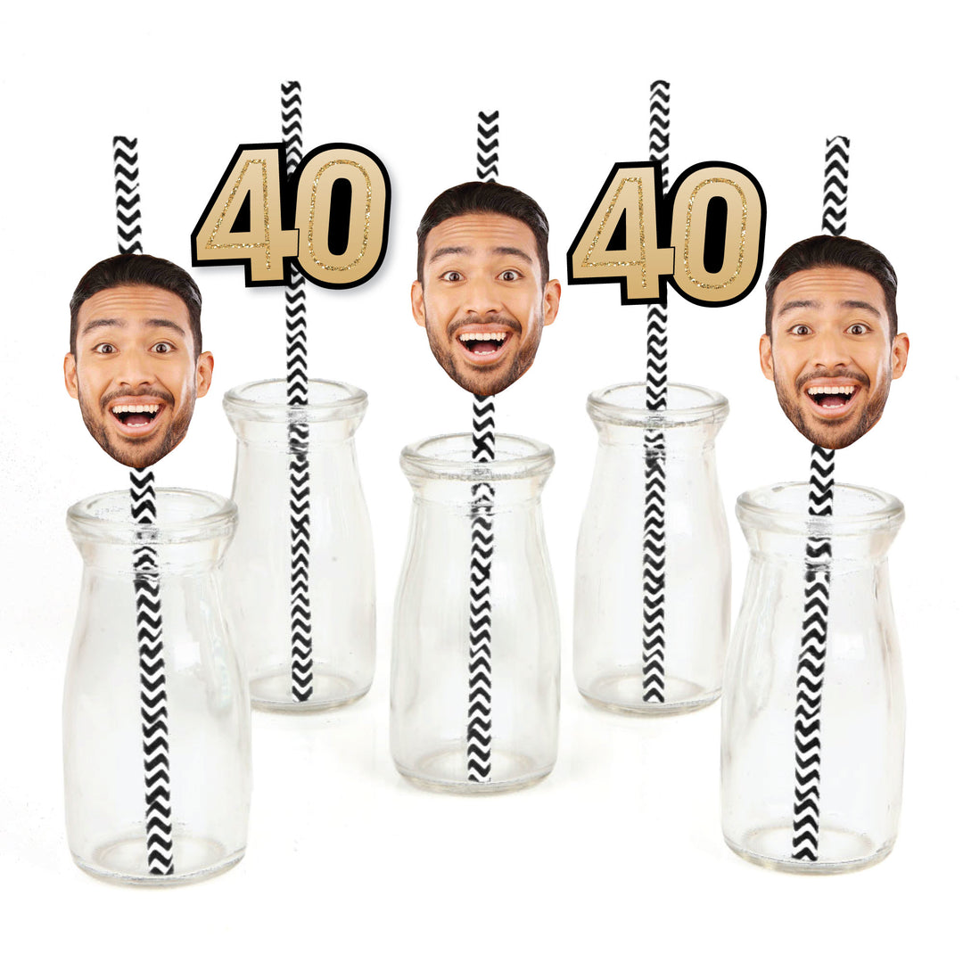 Custom 40th birthday fun face and number straw decorations