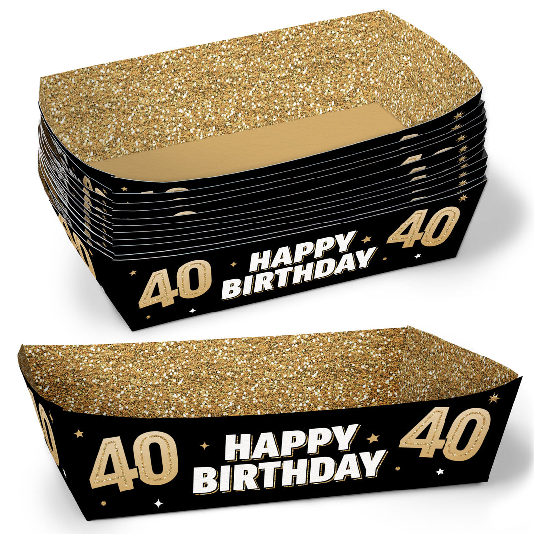 Pack of gold and black 'Happy Birthday 40' party supplies on a white background
