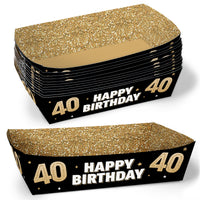 Pack of gold and black 'Happy Birthday 40' party supplies on a white background