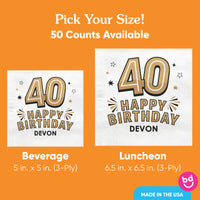 Custom Text Napkins - Black & Gold 40th Birthday - 50 Ct