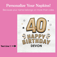 Custom Text Napkins - Black & Gold 40th Birthday - 50 Ct