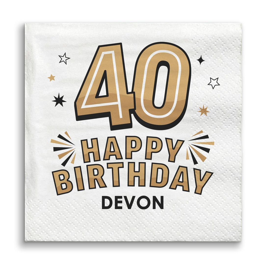 Custom White napkin with gold and black '40 Happy Birthday Devon' text design.