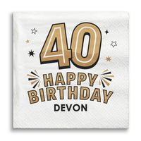 Custom White napkin with gold and black '40 Happy Birthday Devon' text design.