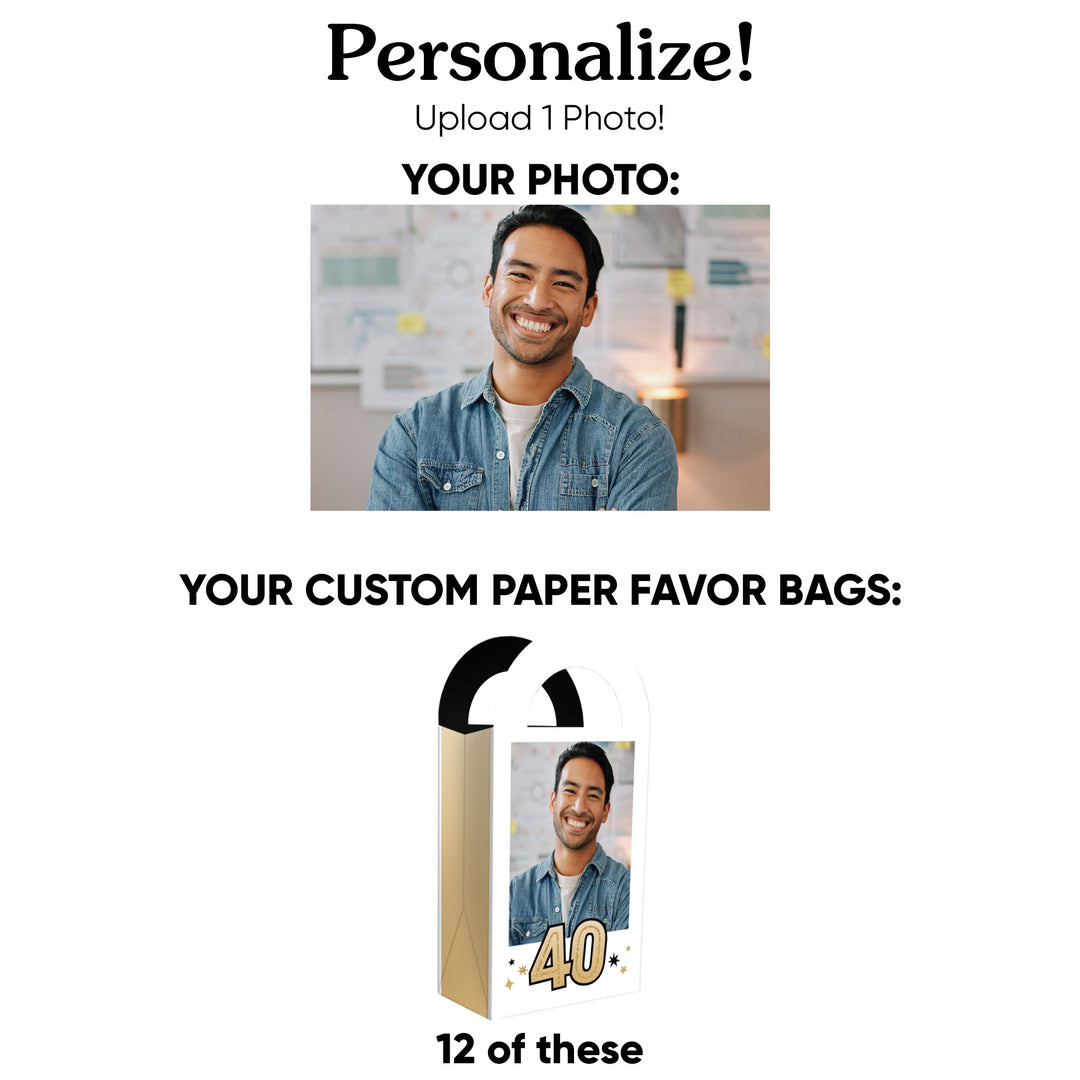 Custom Photo 40th Birthday Paper Favor Bags - 12 Ct