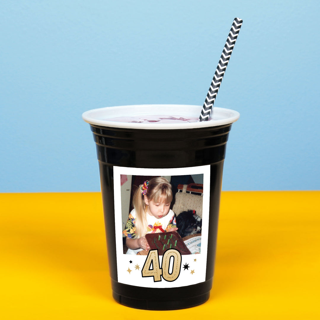 Black party cup with a custom photo of  '40' printed on it for a 40th Birthday party