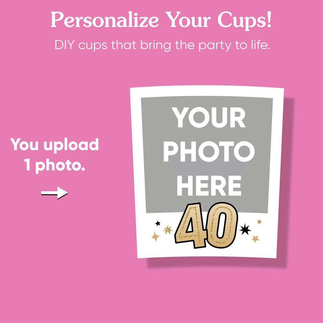 Promotional graphic for personalized party cups with a photo upload feature on a pink background.