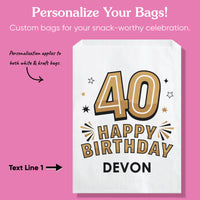 Custom birthday bag with '40 Happy Birthday Devon' text on a pink background