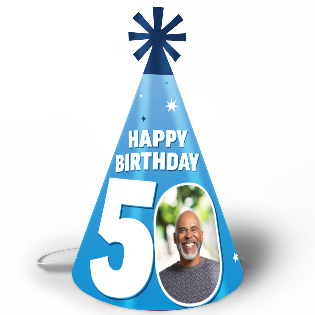 Custom Photo 50th Birthday Cone Hat - 8 Ct