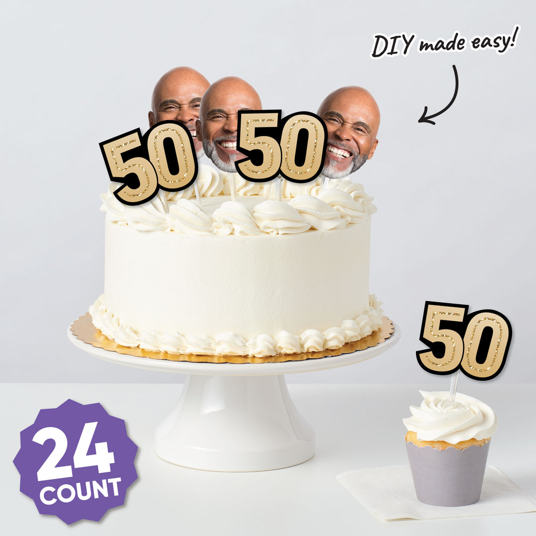 50th birthday dessert table decorated with mini face cutouts