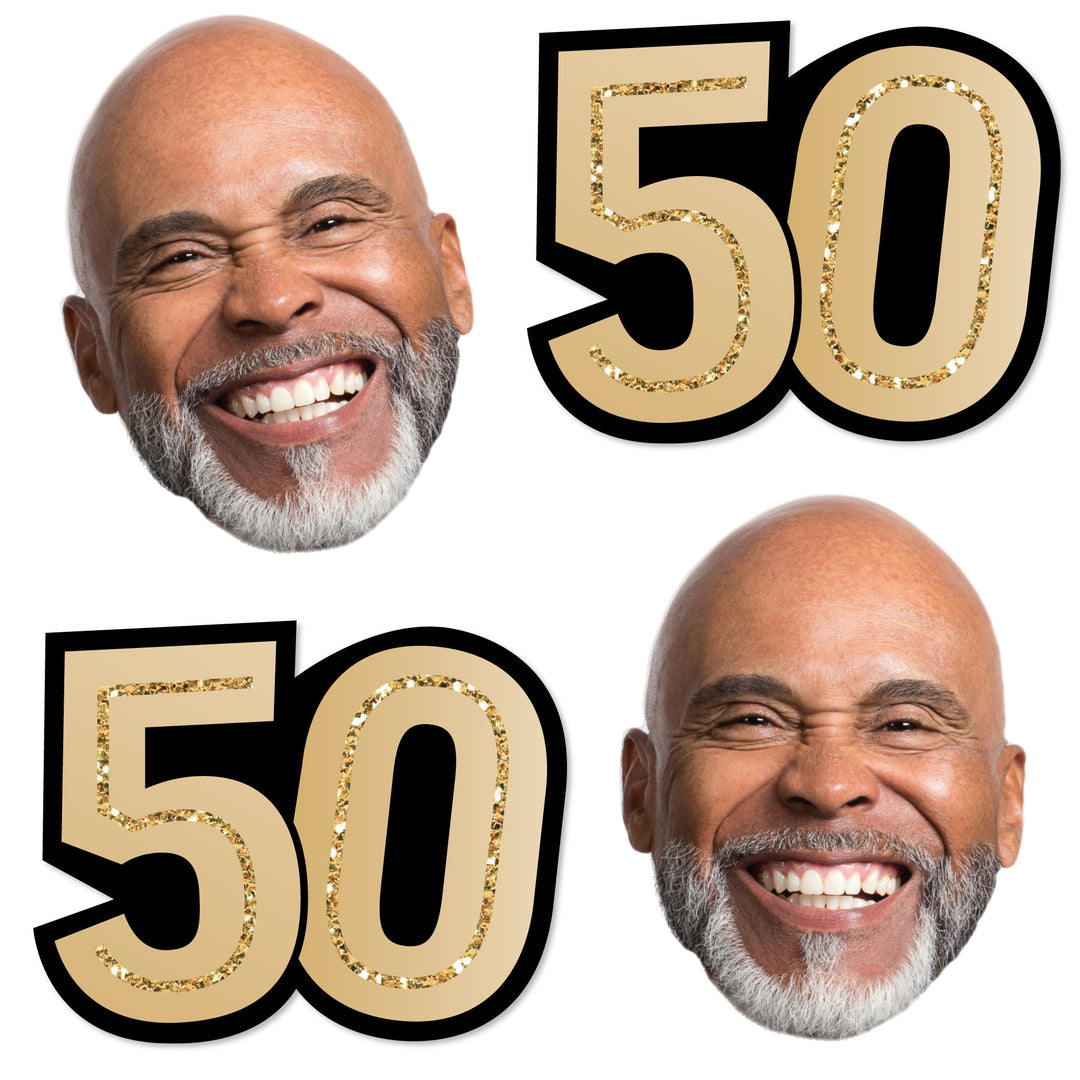 Custom 50th birthday fun face and number cutout set in black and gold