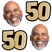 Custom 50th birthday fun face and number cutout set in black and gold