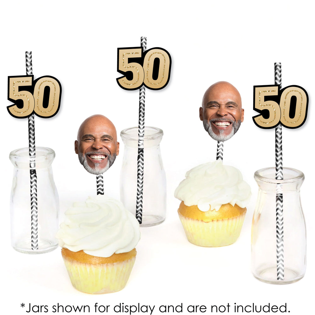 50th birthday party drinks decorated with face straw toppers