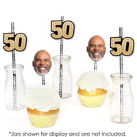 50th birthday party drinks decorated with face straw toppers