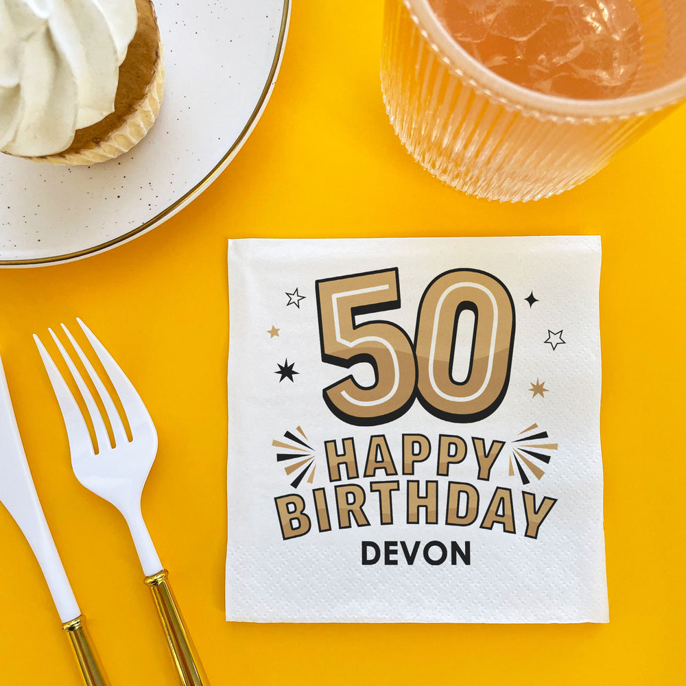 Custom Text Napkins - Black & Gold 50th Birthday