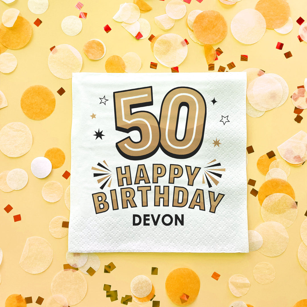 Custom Text Napkins - Black & Gold 50th Birthday