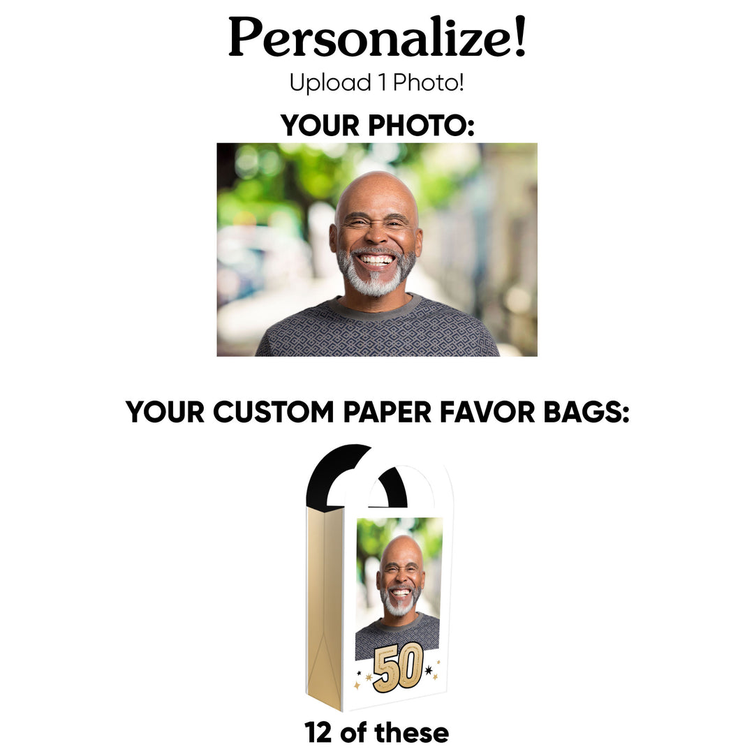 Custom Photo 50th Birthday Paper Favor Bags - 12 Ct