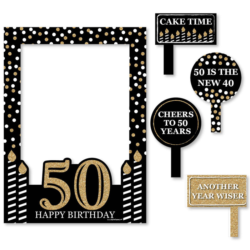 Adult 50th Birthday - Gold - Birthday Party Selfie Photo Booth Picture Frame & Props - Printed on Sturdy Material