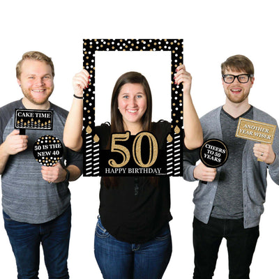 Adult 50th Birthday - Gold - Birthday Party Selfie Photo Booth Picture Frame & Props - Printed on Sturdy Material