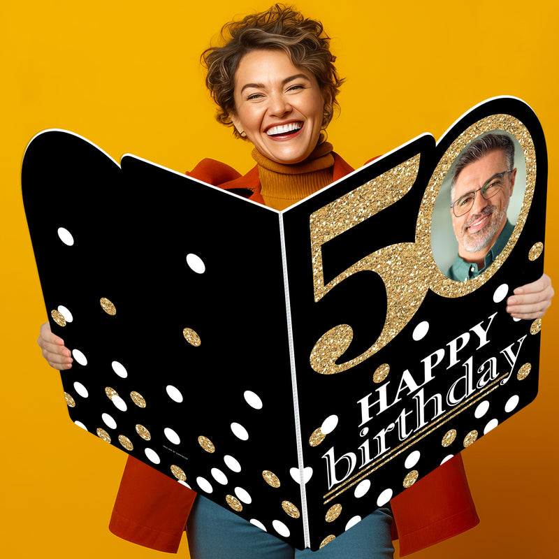 Adult 50th Birthday - Gold - Happy Birthday Giant Greeting Card - Personalized Photo Jumborific Card - 16.5 x 22 inches