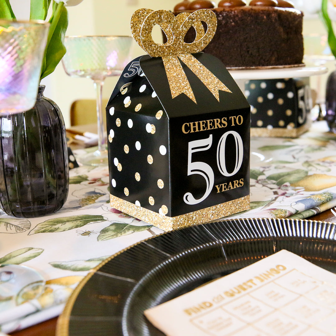 Adult 50th Birthday  Square Favor Gift Boxes - Birthday Party Bow Boxes - Set of 12