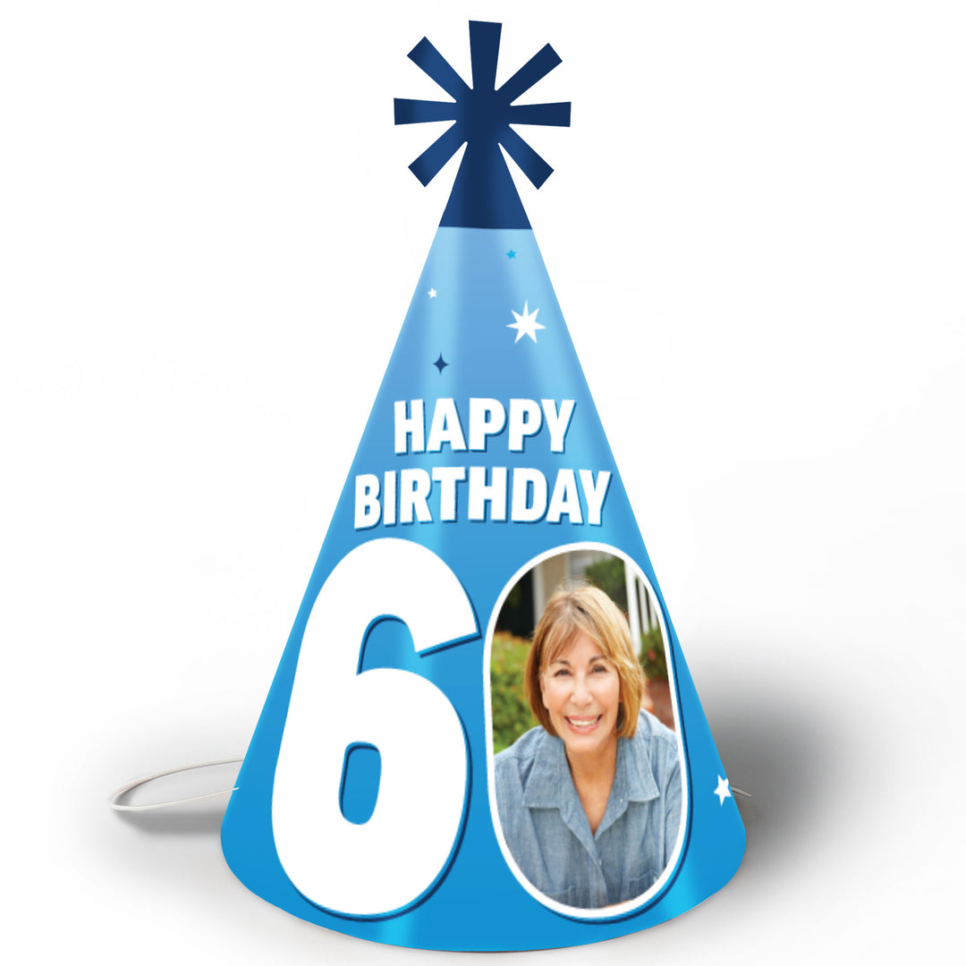 Custom Photo 60th Birthday Cone Hat - 8 Ct