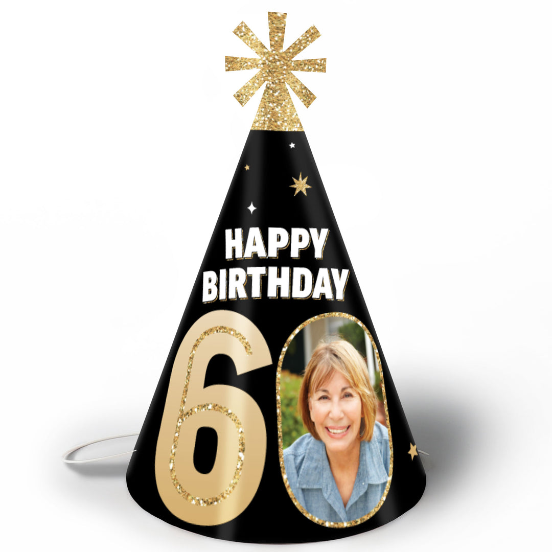 Custom Photo 60th Birthday Cone Hat - 8 Ct