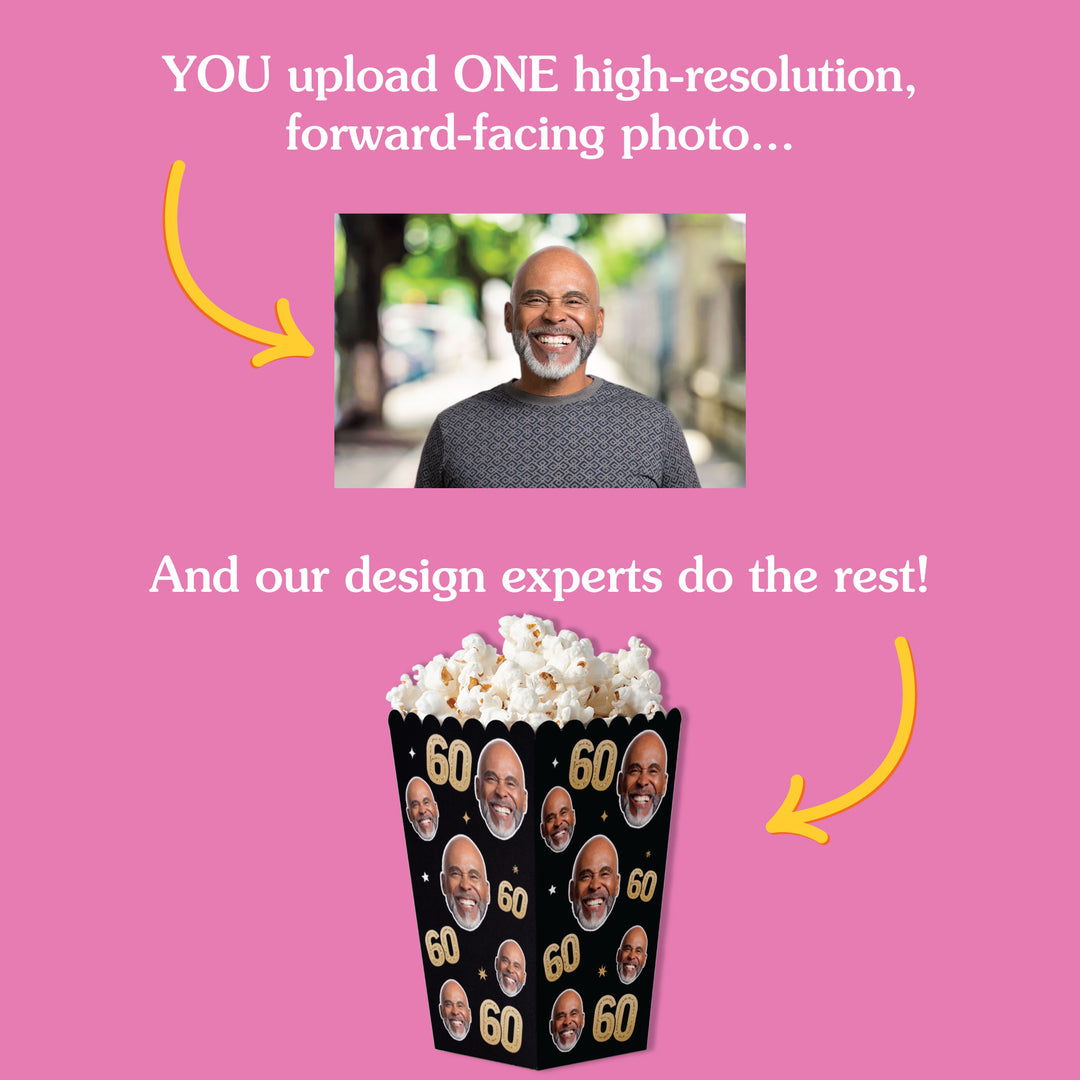 Promotional graphic for a personalized popcorn box with faces and number 60 design on a pink background.