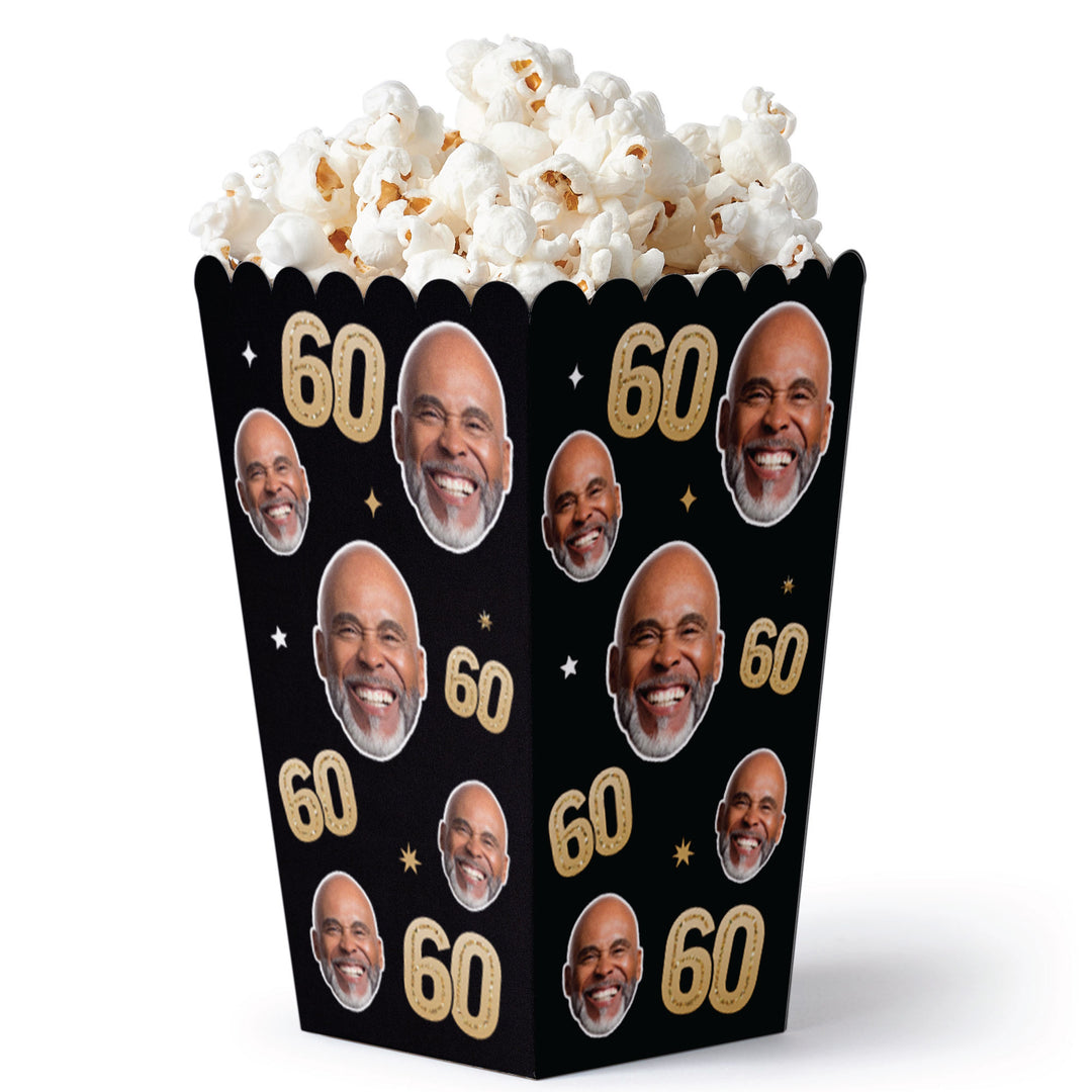 Custom face 60th birthday black and gold popcorn favor boxes set of 12
