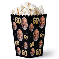 Custom face 60th birthday black and gold popcorn favor boxes set of 12