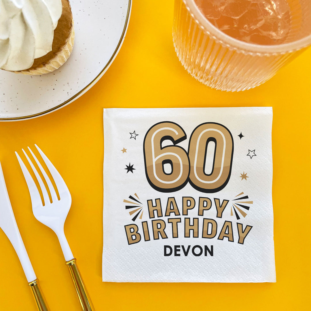Custom Text Napkins - Black & Gold 60th Birthday