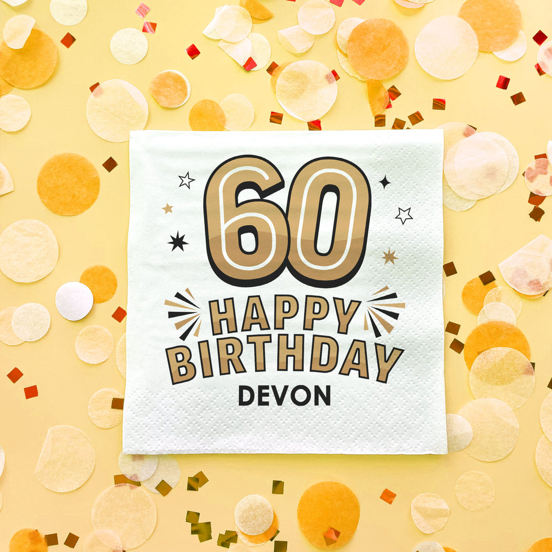Custom Text Napkins - Black & Gold 60th Birthday
