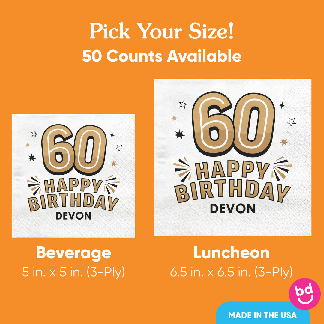 Custom Text Napkins - Black & Gold 60th Birthday