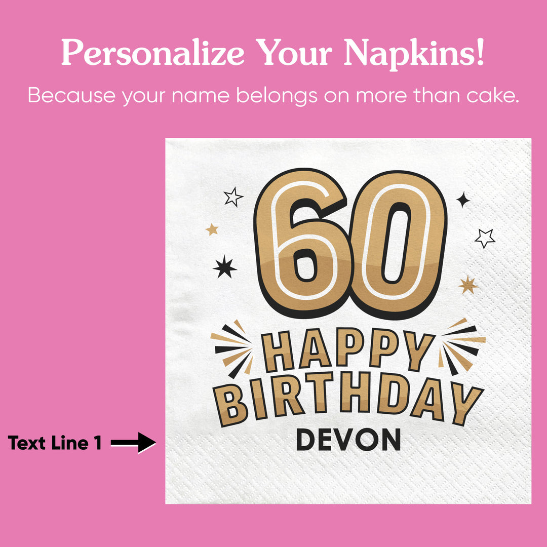 Custom Text Napkins - Black & Gold 60th Birthday