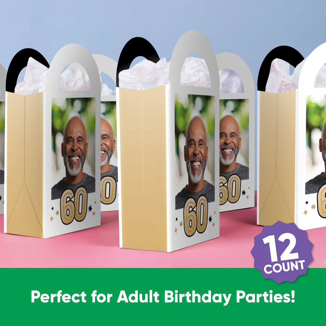 Custom Photo 60th Birthday Paper Favor Bags - 12 Ct