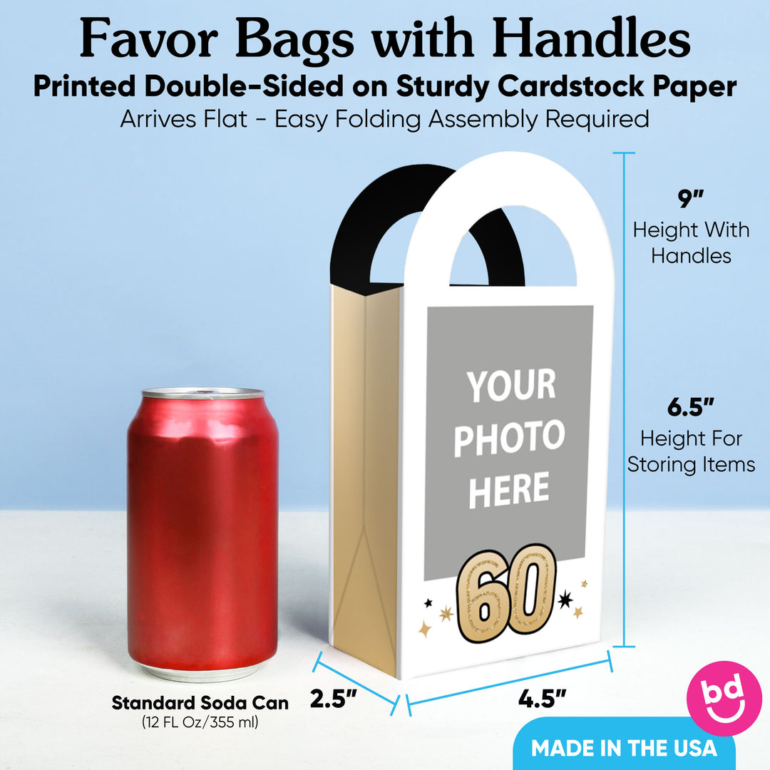 Custom Photo 60th Birthday Paper Favor Bags - 12 Ct