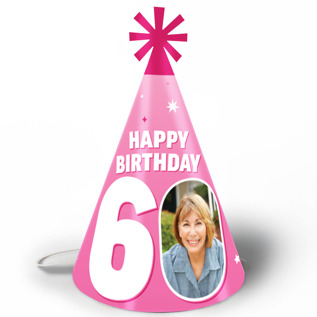 Custom Photo 60th Birthday Cone Hat - 8 Ct
