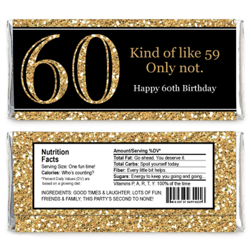 Adult 60th Birthday - Gold - Candy Bar Wrappers Birthday Party Favors - Set of 24