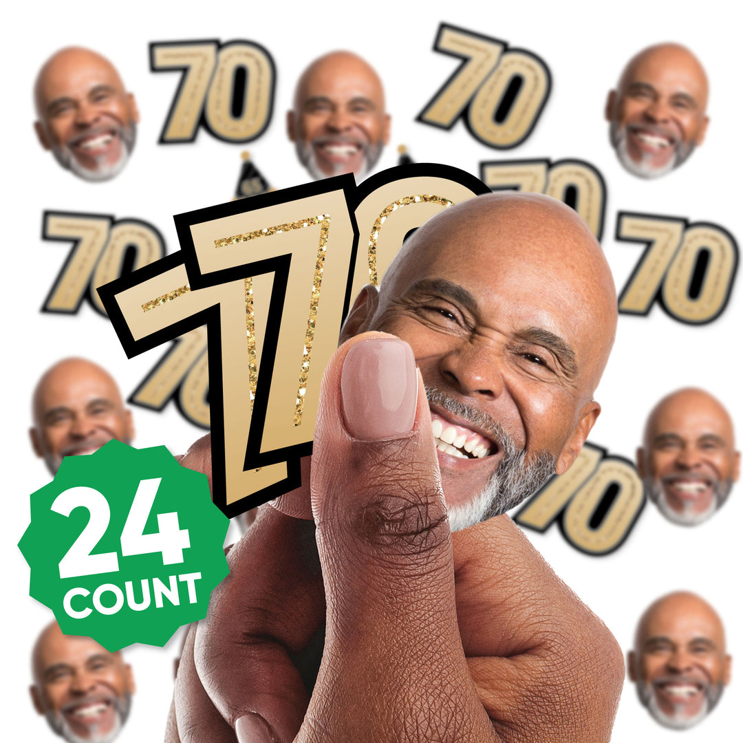 70th birthday mini face and number shapes shown in hand