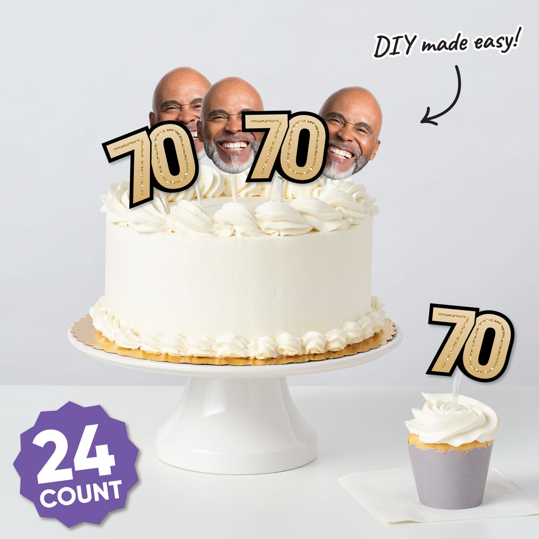 70th birthday party setup featuring mini face table accents
