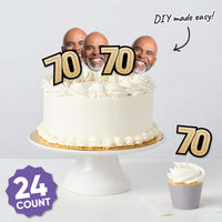 70th birthday party setup featuring mini face table accents