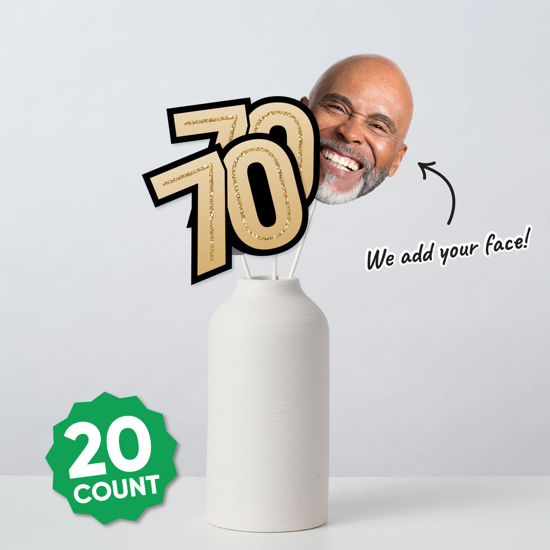 10 personalized face cutouts and 10 black and gold 70 number shapes