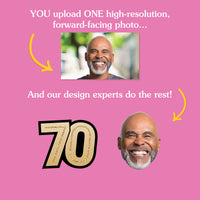 Custom 70th birthday faces created from one forward facing photo