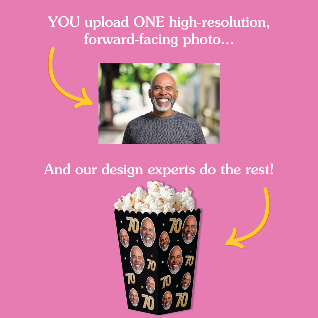 Flat black and gold custom photo popcorn box for 70th birthday