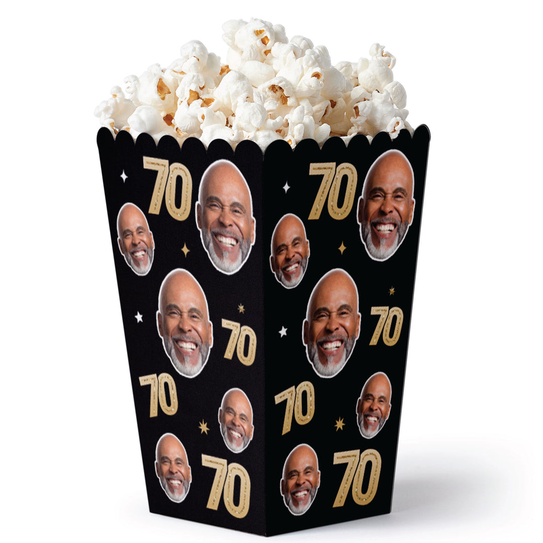 Custom face 70th birthday black and gold popcorn favor boxes set of 12