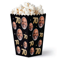 Custom face 70th birthday black and gold popcorn favor boxes set of 12